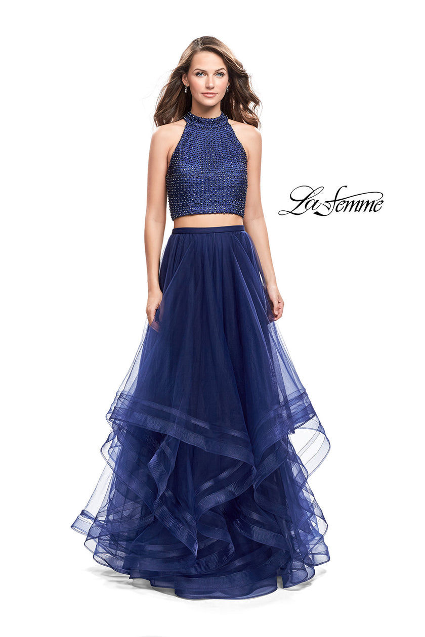 Picture of: Two Piece Prom Gown with Ruffle Tulle Skirt and Beading in Navy, Style: 26077, Detail Picture 1