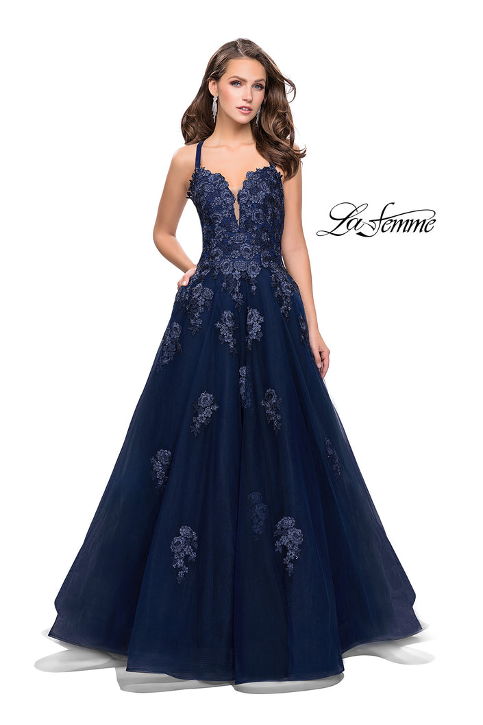 Picture of: Long Floral Lace Ball Gown with Tulle Skirt in Navy, Style: 26236, Detail Picture 1
