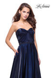 Picture of: Long Strapless Satin A-line Prom Dress with Pockets in Navy, Style: 26340, Detail Picture 1