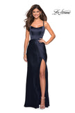 Picture of: Satin Prom Gown with Scoop Neck and Side Slit in Navy, Style: 27010, Detail Picture 1