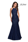 Picture of: Long Lace Prom Dress with High Neckline in Navy, Style: 27289, Detail Picture 1