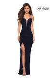 Picture of: Body Hugging Long Jersey Prom Dress with Ruching in Navy, Style: 27720, Detail Picture 1