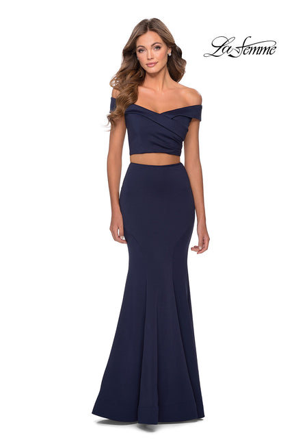Picture of: Two Piece Off The Shoulder Dress with Pleated Top in Navy, Style: 28521, Detail Picture 1