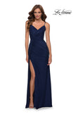 Picture of: Long Net Jersey Prom Gown with Ruching and Slit in Navy, Style 29699, Detail Picture 1