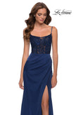 Picture of: Satin Dress with Sheer Lace Bodice and Slit in Navy, Style 29888, Detail Picture 1