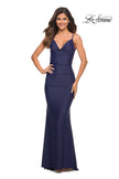Picture of: Luxe Simple Jersey Gown with Draped Neckline in Navy, Detail Picture 1