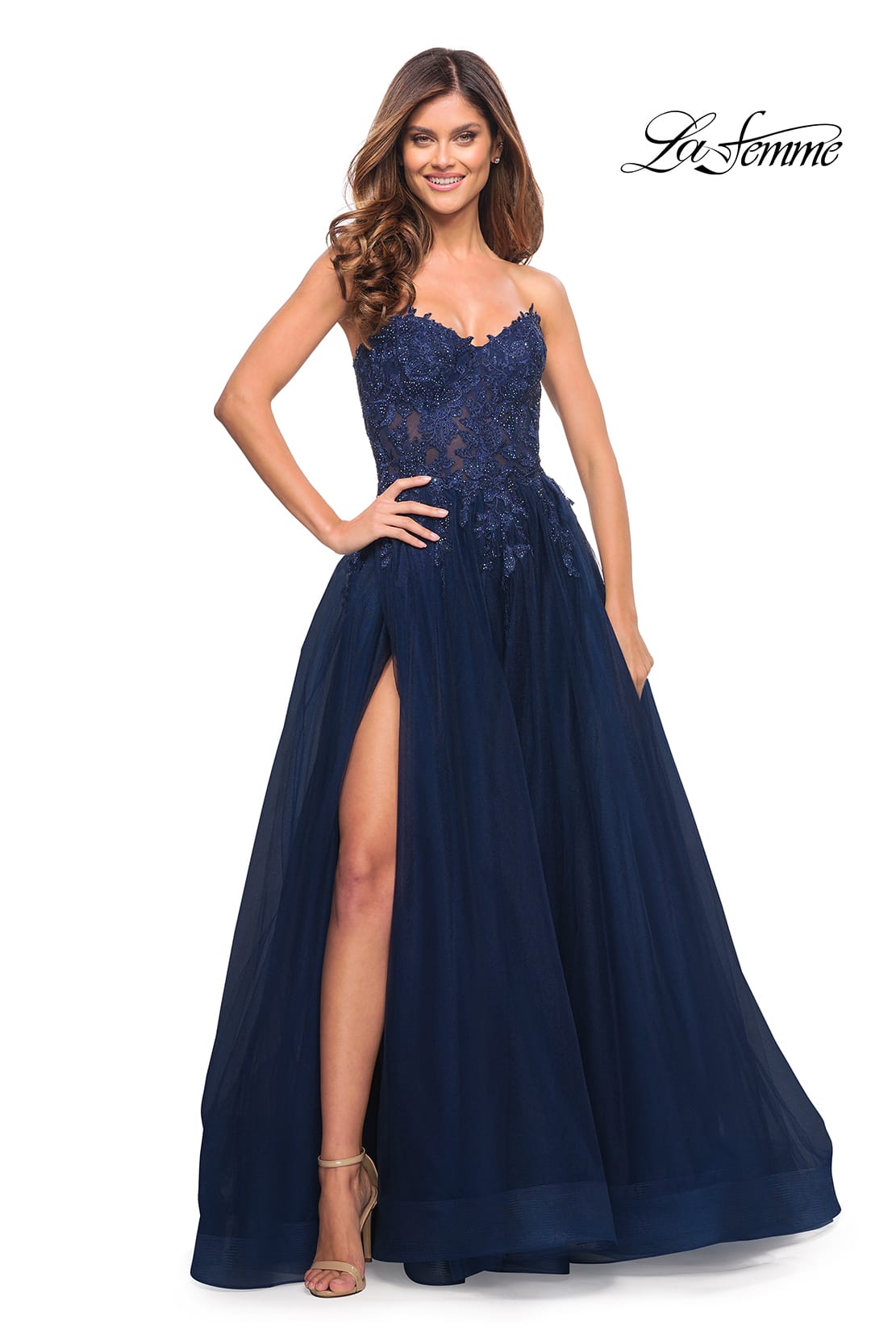 Picture of: Tulle and Lace Ballgown with High Slit and Pockets in Navy, Style: 30592, Detail Picture 1