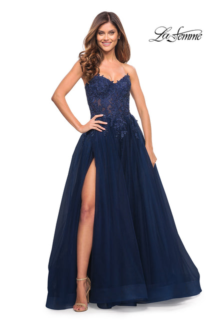 Picture of: Tulle and Lace Ballgown with High Slit and Pockets in Navy, Style: 30592, Detail Picture 1