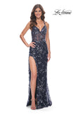 Picture of: Sequin Floral Dress with Illusion Top and High Slit in Navy, Style: 31916, Detail Picture 1