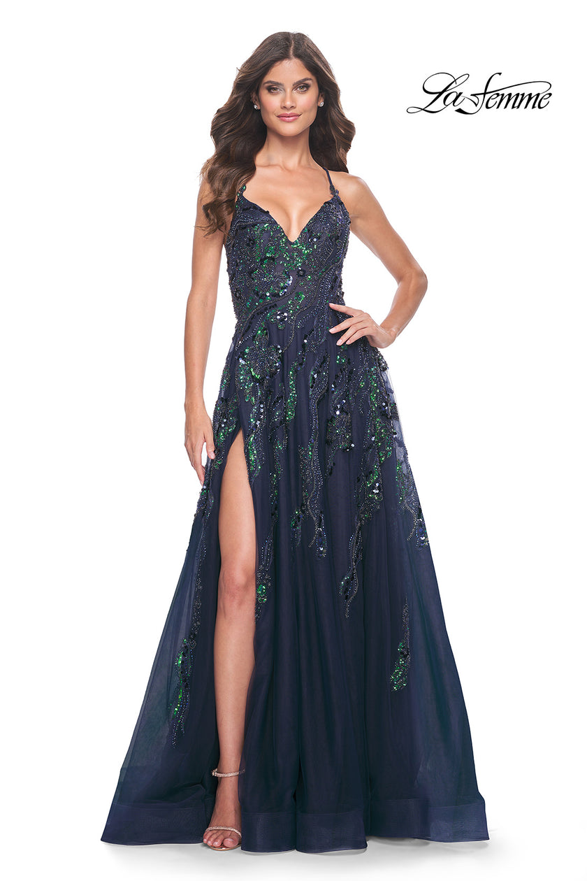 Picture of: Fabulous A-Line Gown Embellished with Sequin Beaded Applique in Jewel Tones in Navy, Style: 32346, Detail Picture 1