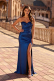 Picture of: Strapless Metallic Gown with Lace Trim and Lace-Up Back in Navy, Style: 33418, Detail Picture 1