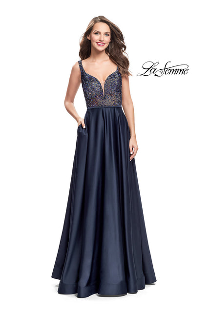 Picture of: Long Satin Dress with A Line Skirt and Beaded Top in Navy, Style: 25348, Detail Picture 2