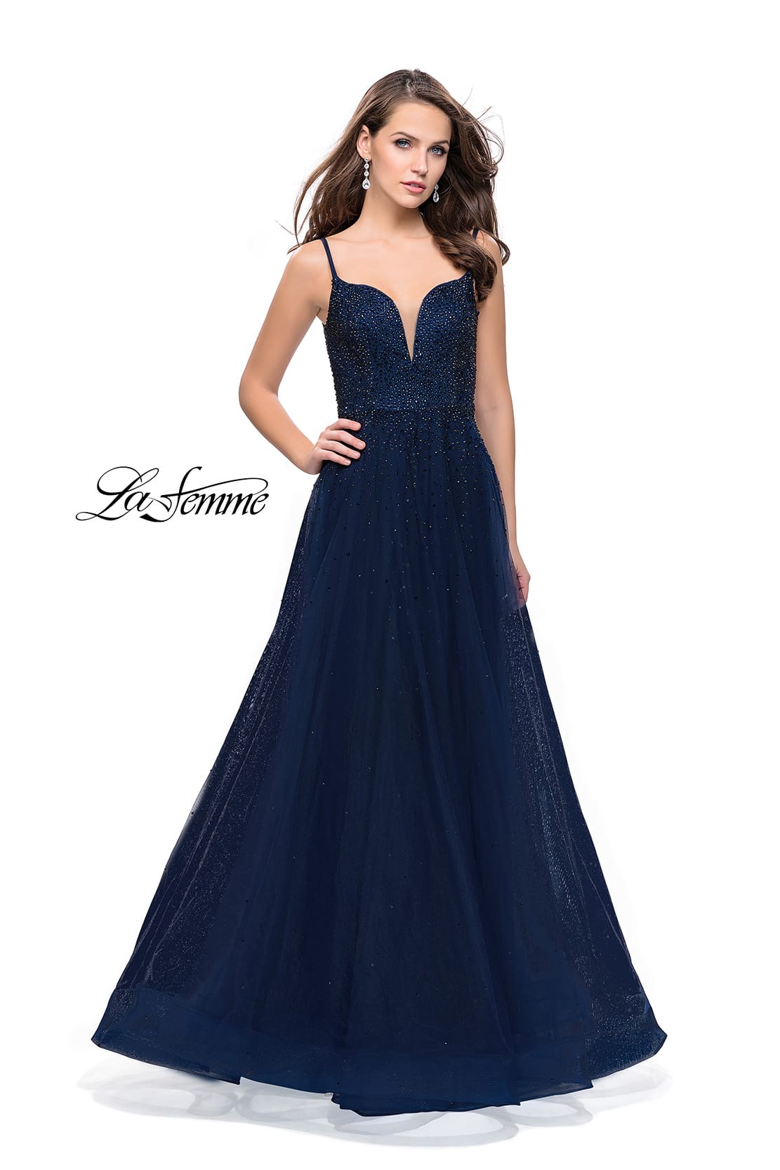 Picture of: A-line Dress with Rhinestones and Tulle Skirt in Navy, Style: 25636, Detail Picture 2