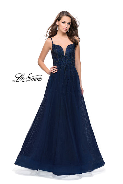 Picture of: A-line Dress with Rhinestones and Tulle Skirt in Navy, Style: 25636, Detail Picture 2