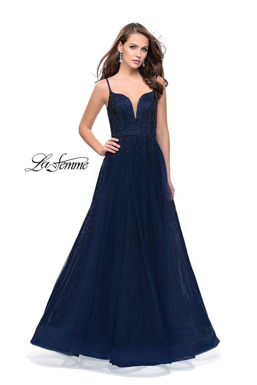 Picture of: A-line Dress with Rhinestones and Tulle Skirt in Navy, Style: 25636, Detail Picture 2