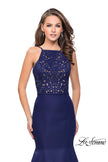 Picture of: Long Mermaid Prom Dress with Laser Cut Pattern Detail in Navy, Style: 25650, Detail Picture 2