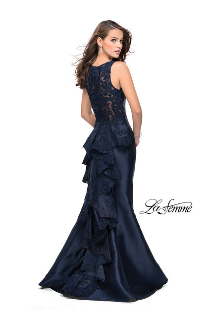 Picture of: Long Mermaid Gown with Lace Back and Ruffles in Navy, Style: 26217, Detail Picture 2