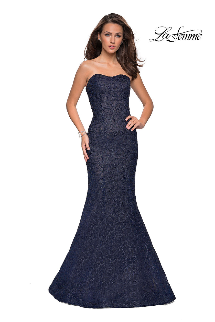Picture of: Long Mermaid Metallic Lace Strapless Prom Dress in Navy, Style: 27267, Detail Picture 2