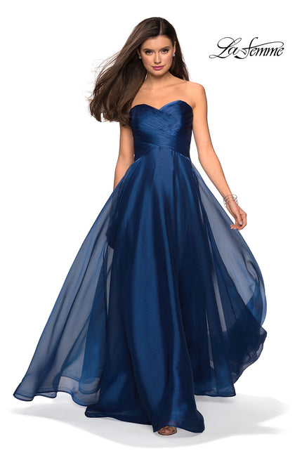 Picture of: Strapless Chiffon Dress with Criss Cross Bodice Detail in Navy, Style: 27515, Detail Picture 2
