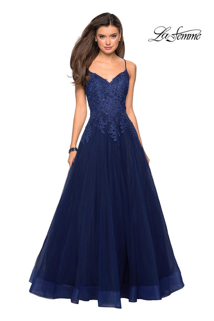 Picture of: Tulle Prom Gown with Floral Lace Embellishments in Navy, Style: 27569, Detail Picture 2