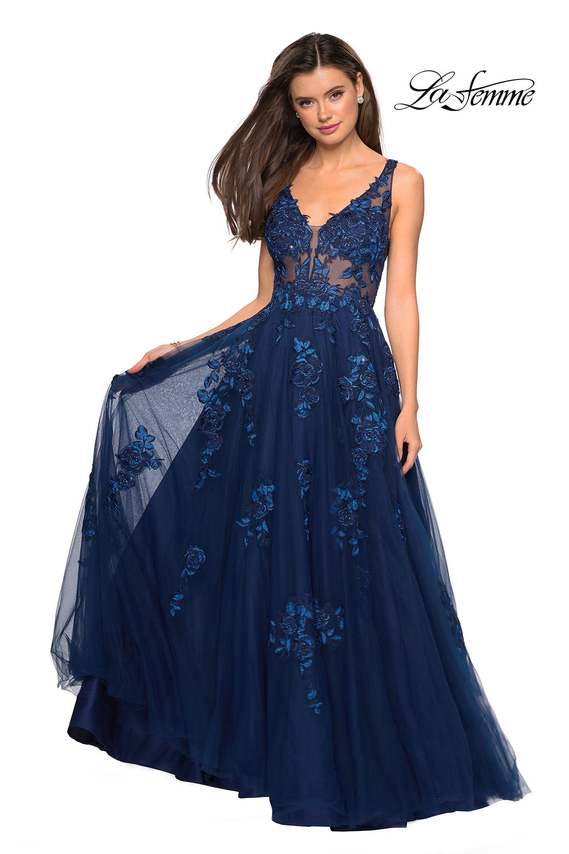 Picture of: Sheer Bodice Prom Dress with Floral Embellishments in Navy, Style: 27647, Detail Picture 2