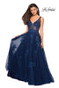Picture of: Sheer Bodice Prom Dress with Floral Embellishments in Navy, Style: 27647, Detail Picture 2