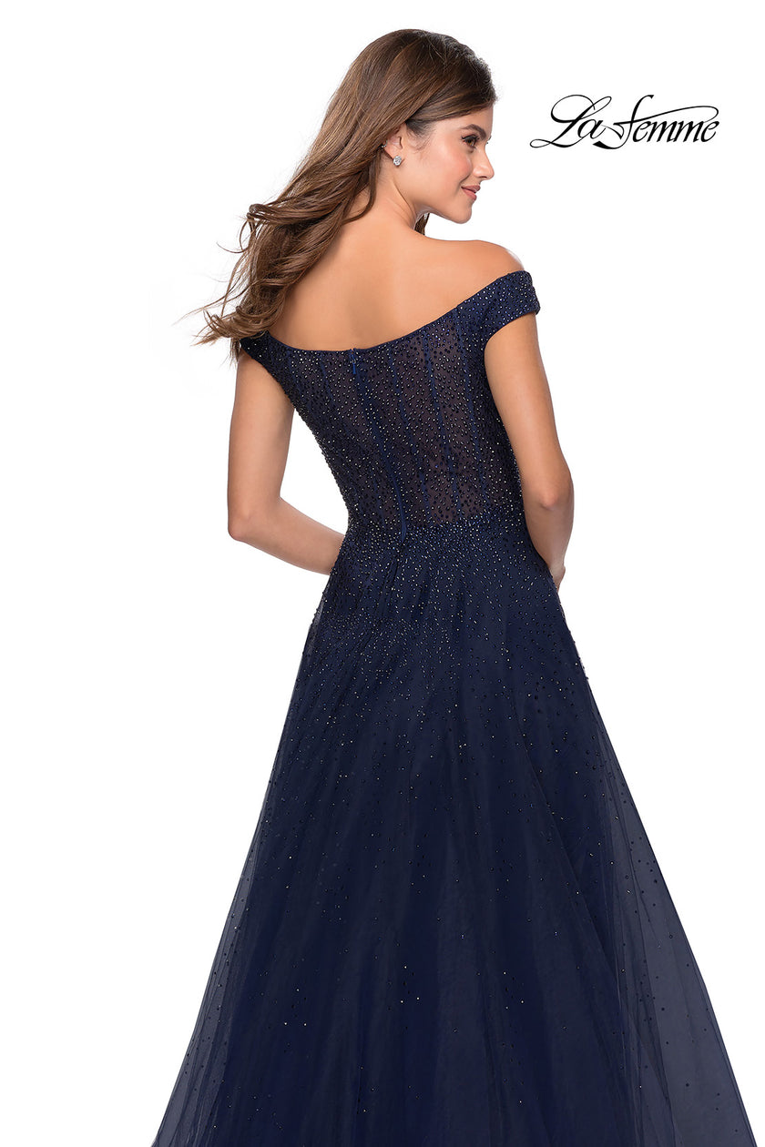 Picture of: Off The Shoulder Beaded Tulle Prom Dress in Navy, Style: 28774, Detail Picture 2