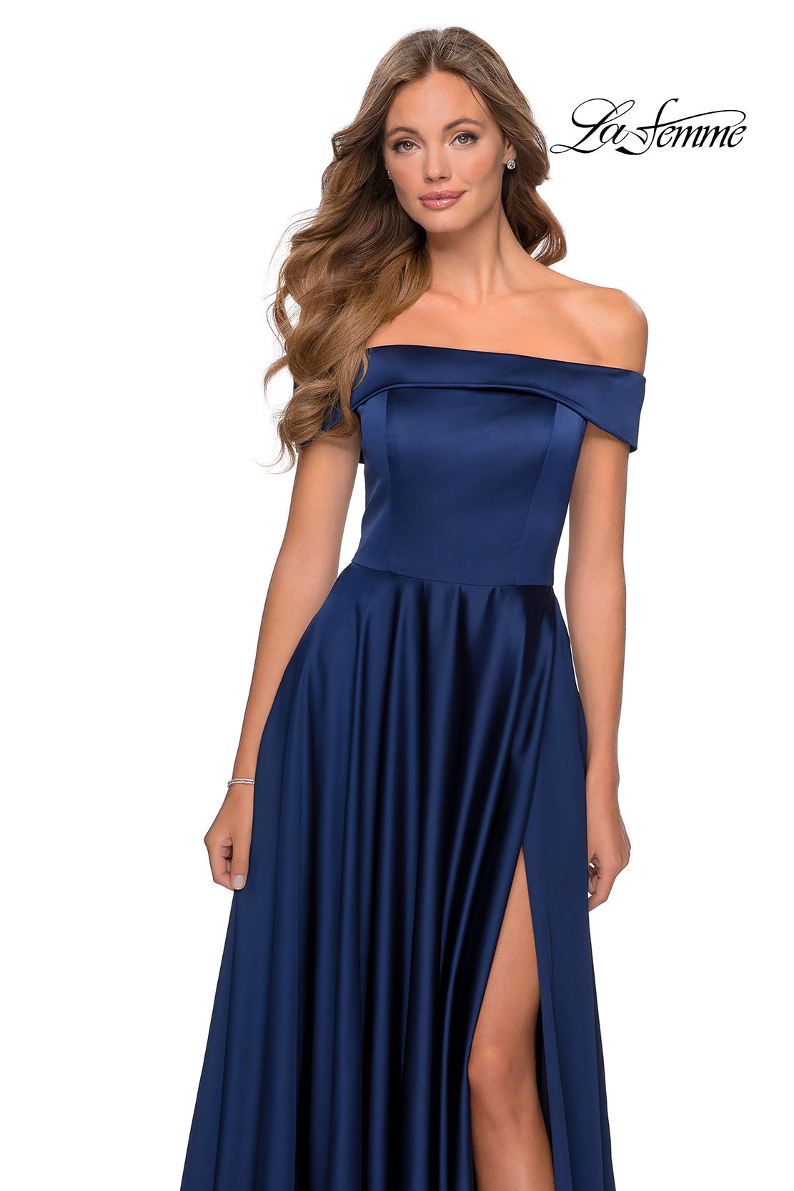 Picture of: Satin Off the Shoulder Evening Dress with Pockets in Navy, Style: 28978, Detail Picture 2