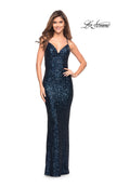 Picture of: Soft Sequin Long Gown with Lace Up Back in Navy, Style: 29949, Detail Picture 2