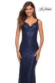 Picture of: Long Stretch Sequin Gown with Low Back in Navy, Detail Picture 2