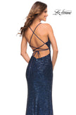 Picture of: Long Sequin Gown in Jewel Tones with V Neckline in Navy, Style: 30374, Detail Picture 2