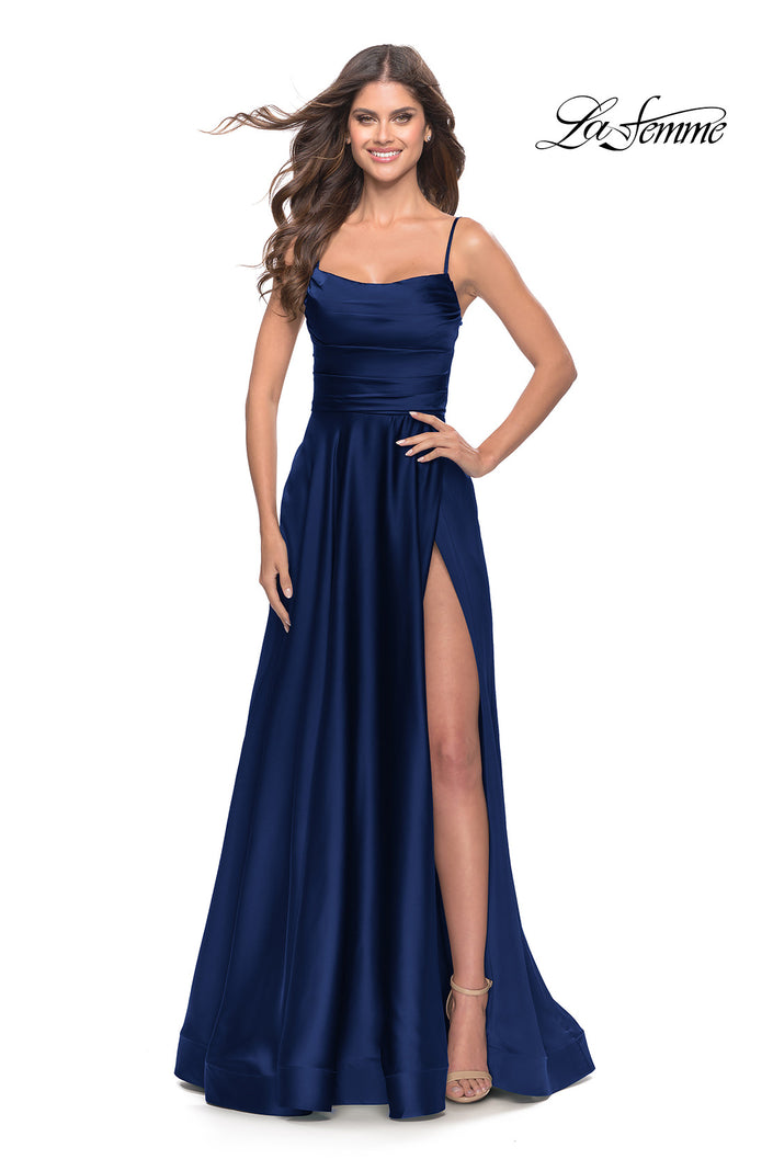 Picture of: A Line Satin Gown with Ruching and Square Neckline in Navy, Style: 31105, Detail Picture 2