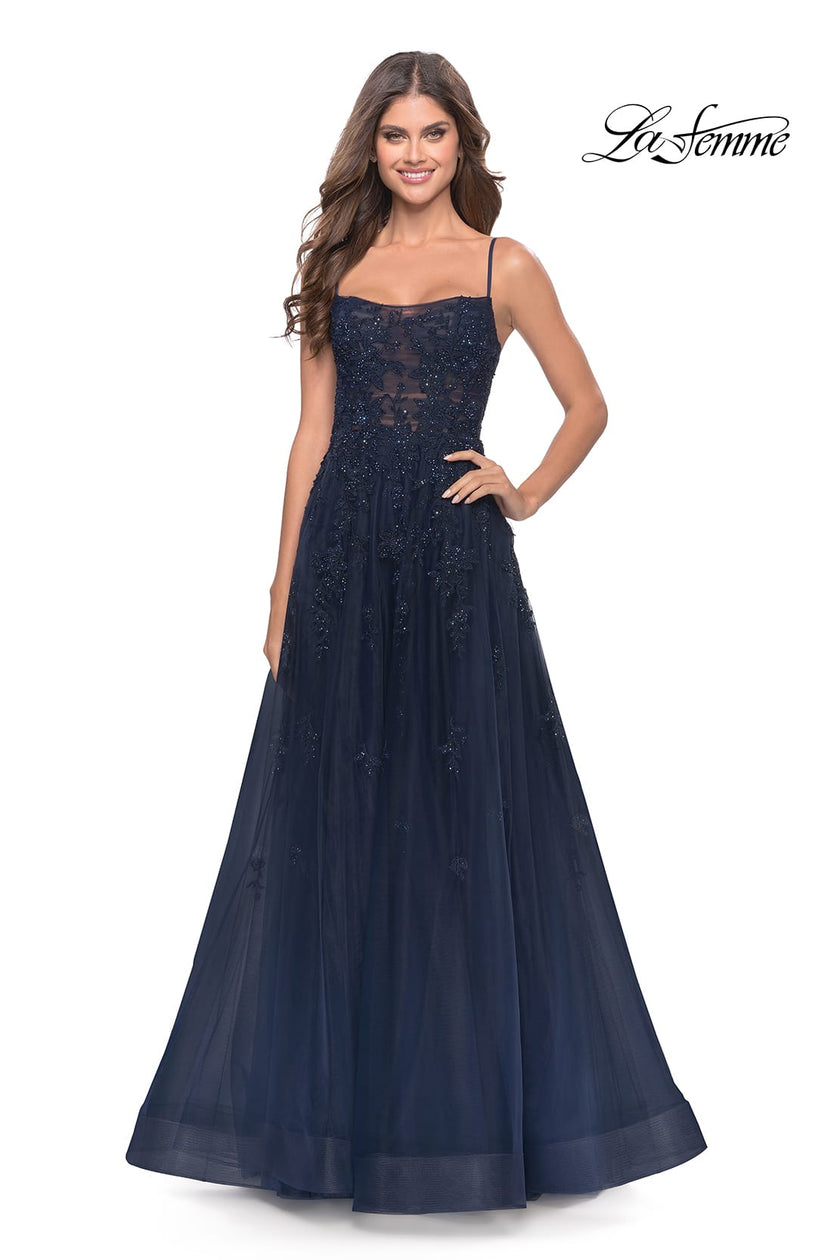 Picture of: Charming Tulle and Lace Gown with Illusion Bodice in Navy, Style: 31381, Detail Picture 2