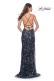 Picture of: Sequin Floral Dress with Illusion Top and High Slit in Navy, Style: 31916, Detail Picture 2