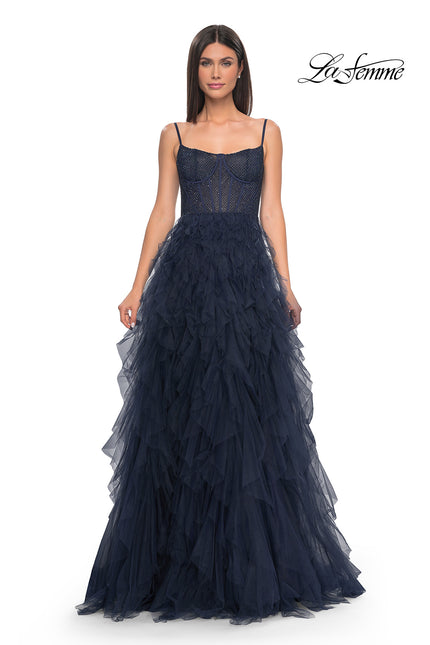 Picture of: Tulle A-Line Dress with Ruffle Skirt and Buster Rhinestone Fishnet Bodice in Navy, Style: 32233, Detail Picture 2