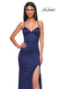 Picture of: Fitted Simple Satin Prom Dress with Lace Up Back in Navy , Style 33010, Detail Picture 2