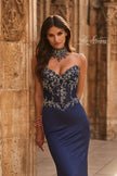 Picture of: High Neck Embellished Jersey Gown with Sheer Corset Bodice in Navy, Style: 33854, Detail Picture 2