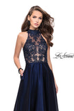 Picture of: Long Prom Dress with Satin A-line Skirt and Beading in Navy, Style: 25617, Detail Picture 3