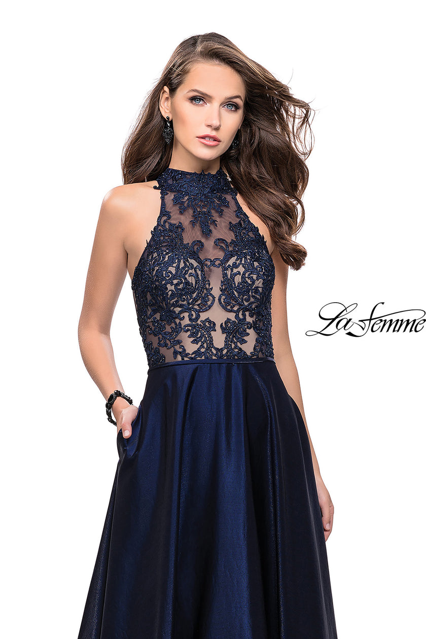 Picture of: Long Prom Dress with Satin A-line Skirt and Beading in Navy, Style: 25617, Detail Picture 3