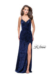 Picture of: Crushed Velvet Prom Dress with Lace Neckline in Navy, Style: 25881, Detail Picture 3