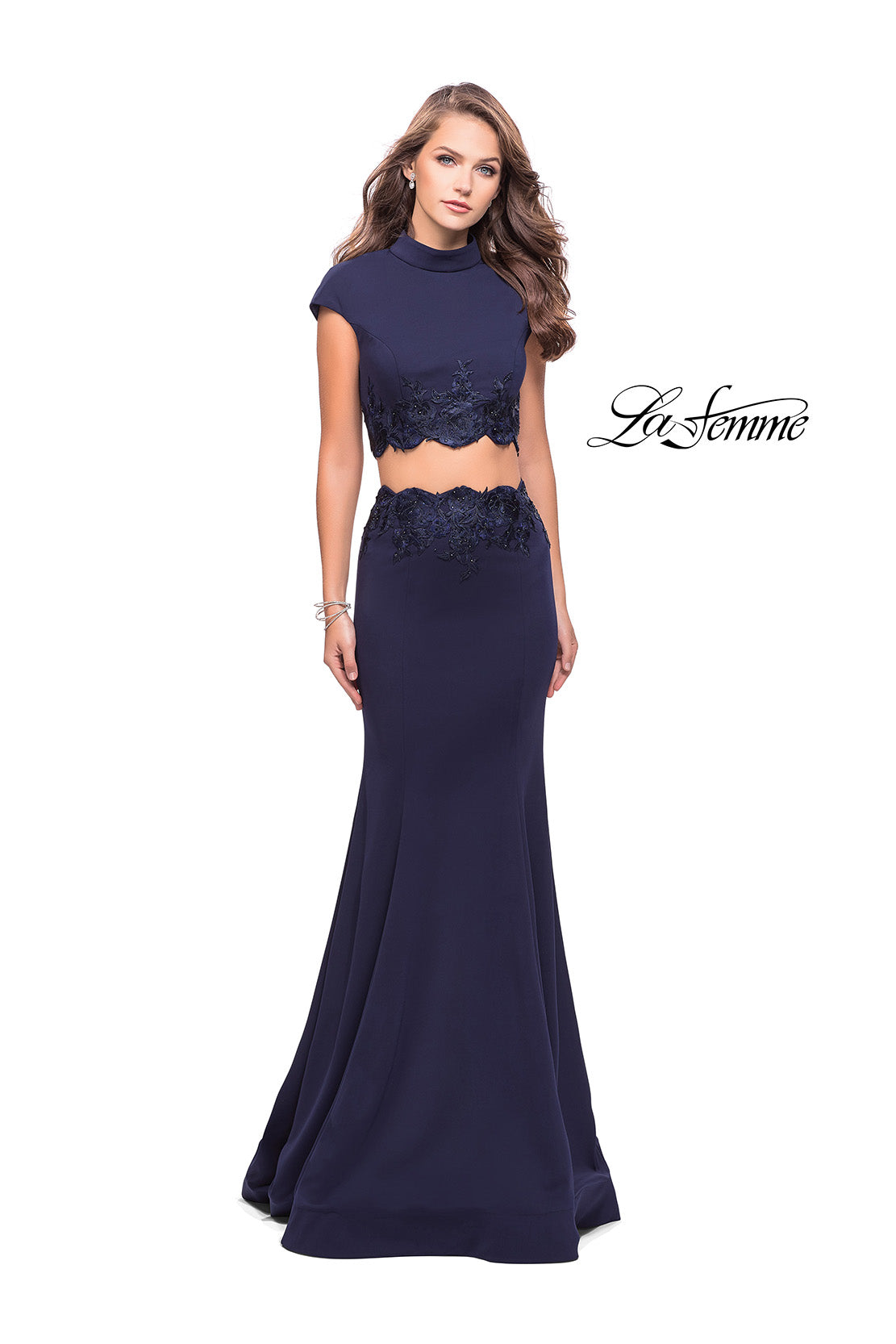 Picture of: Two Piece Jersey Applique Gown with Short Sleeves in Navy, Style: 26196, Detail Picture 3