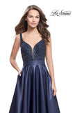 Picture of: Long Mikado Prom Dress with Beaded Bodice in Navy, Style: 26203, Detail Picture 3