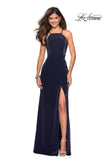 Picture of: Two Tone Long Gown with High Neckline and Side Slit in Navy, Style: 26962, Detail Picture 3