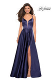 Picture of: Long Satin Formal Gown with Leg Slit and Strappy Back in Navy, Style: 26994, Detail Picture 3