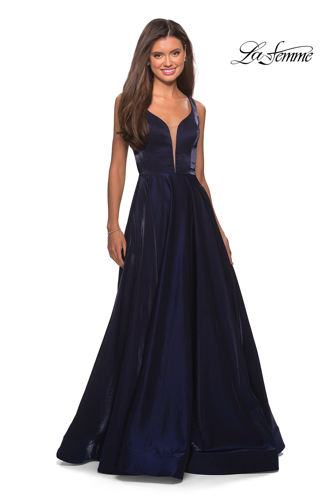 Picture of: Two Tone Satin Long Gown with Plunging Neckline in Navy, Style: 27049, Detail Picture 3