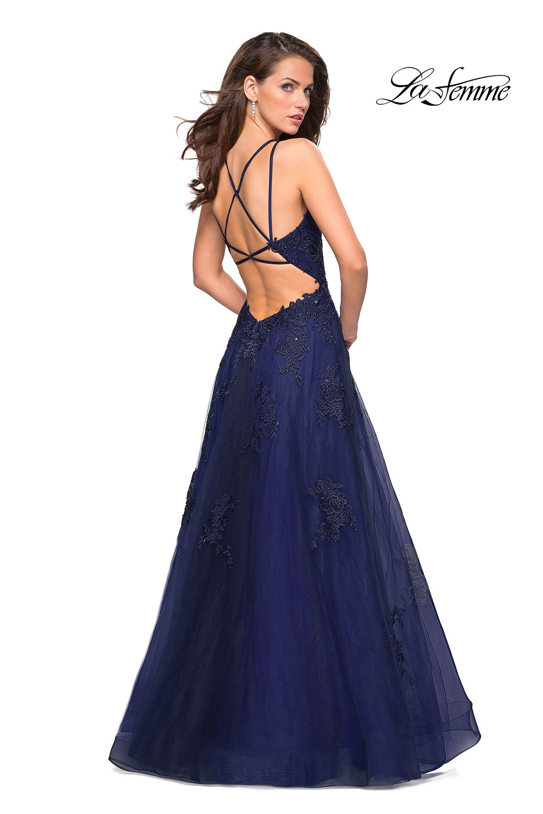 Picture of: Tulle Prom Dress with Lace Bodice and Strappy Back in Navy, Style: 27143, Detail Picture 3