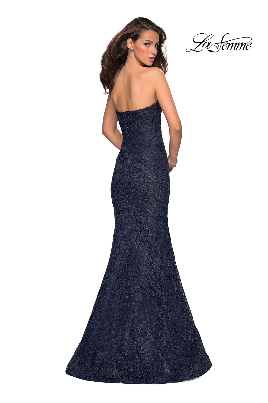 Picture of: Long Mermaid Metallic Lace Strapless Prom Dress in Navy, Style: 27267