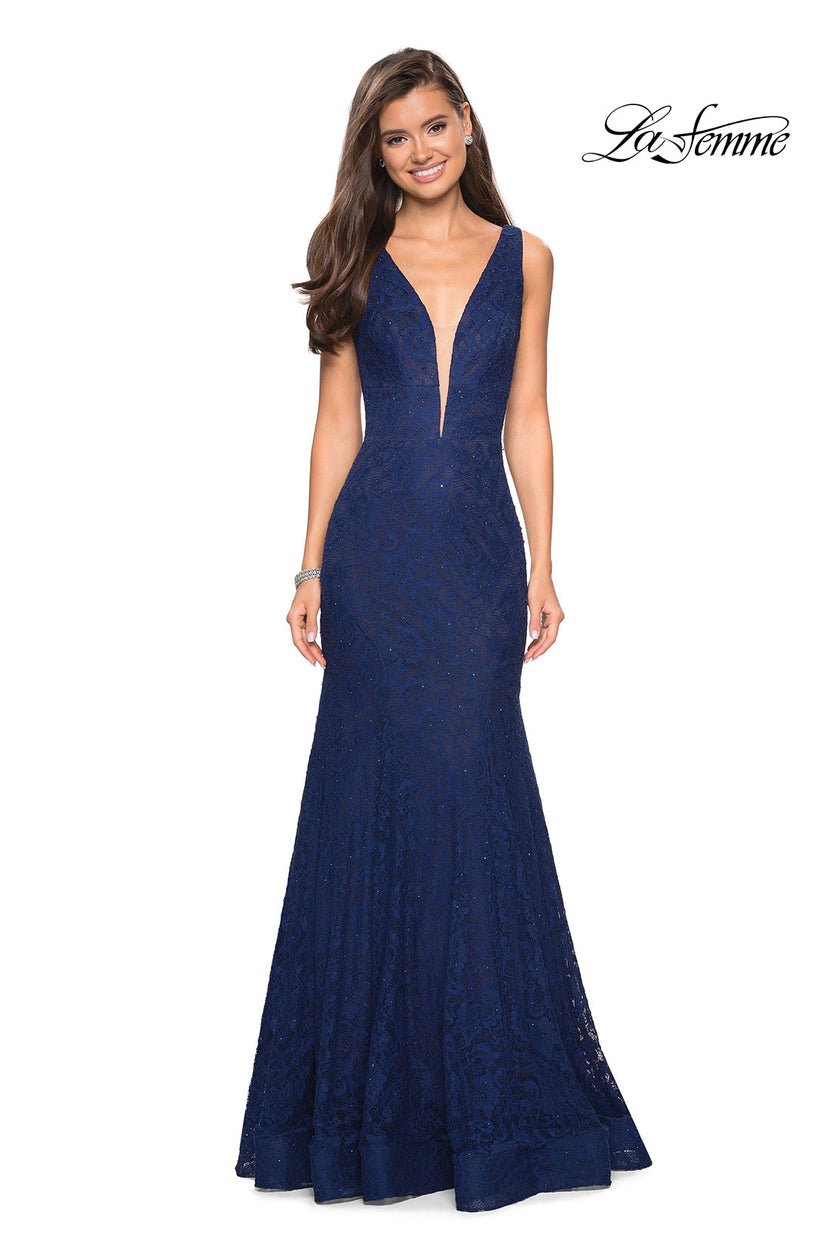 Picture of: Stretch Lace Prom Dress with Plunging Neckline in Navy, Style: 27464, Detail Picture 3