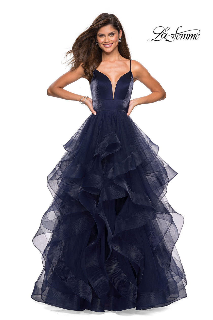 Picture of: Cascading Tulle Gown with Satin Top and V Back in Navy, Style: 27502, Detail Picture 3