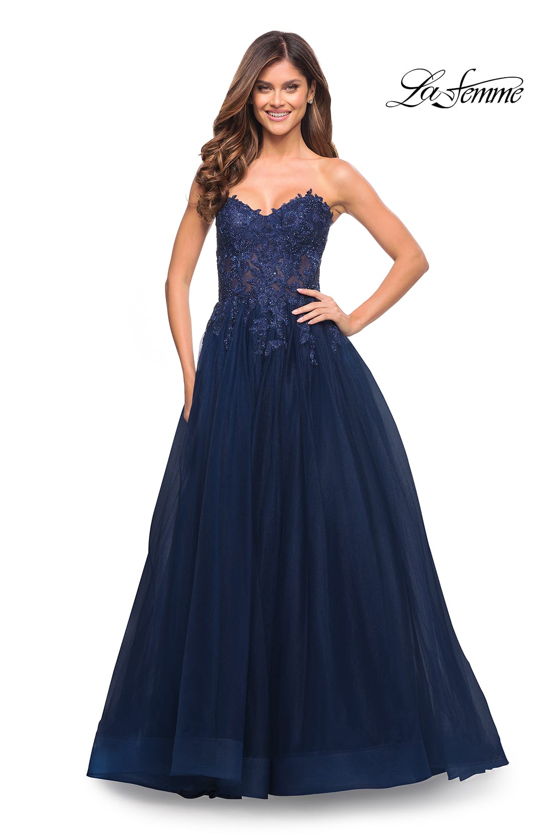 Picture of: Tulle and Lace Ballgown with High Slit and Pockets in Navy, Style: 30592, Detail Picture 3